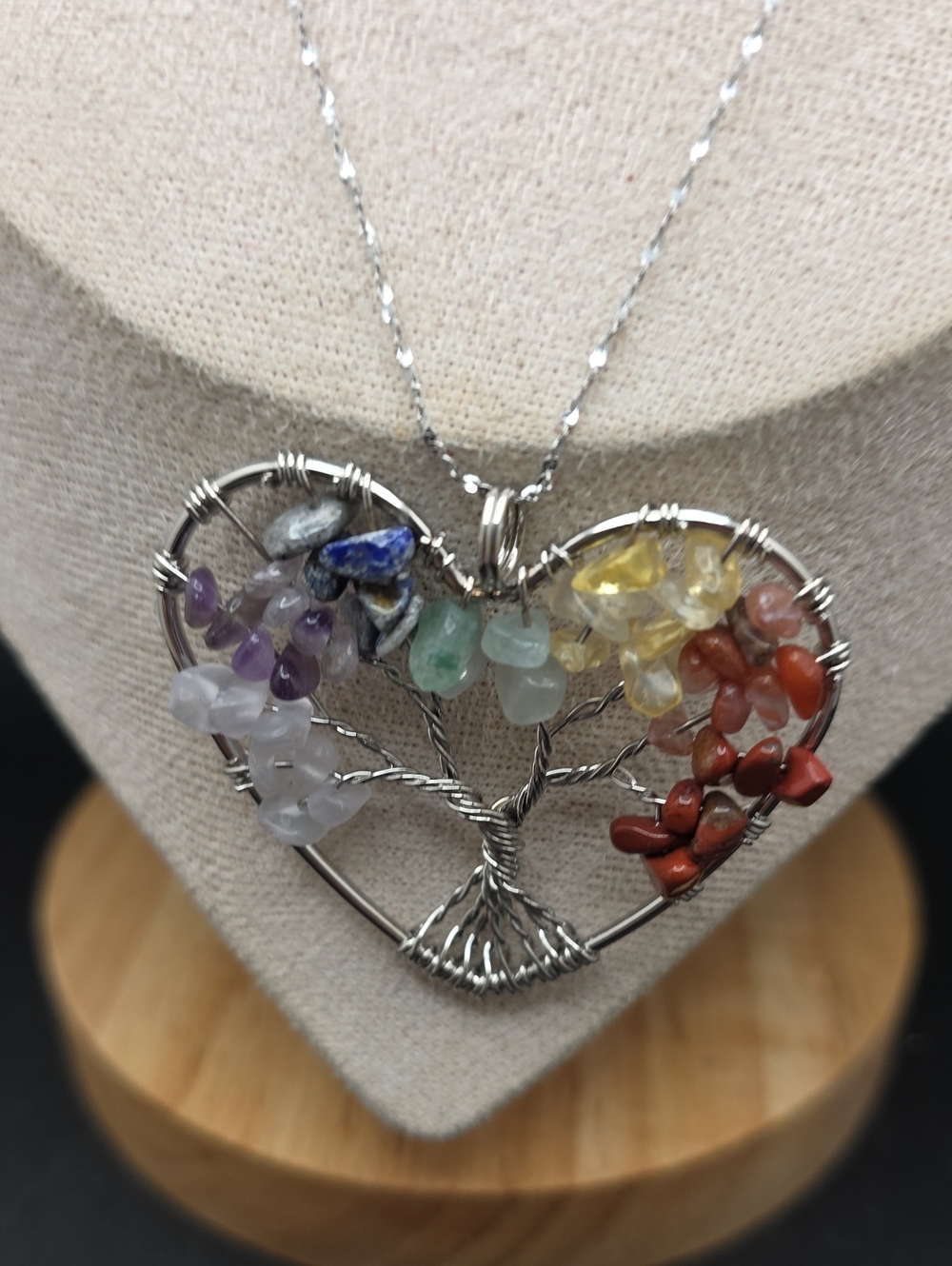 Handmade Tree of Life Heart Necklace with Multicolor Gemstone Chips (2514)
